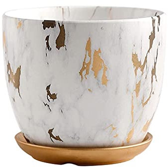 HEcSHENG Pots de fleurs de grand calibre nordique à motif marbré – Pots de jardin modernes en céramique avec base – Pots de fleurs d'intérieur blancs et dorés