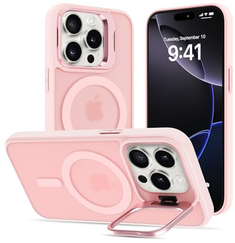 Cover Magnetica per iPhone 16 Pro con Cavalletto, Compatibile con Magsafe, Supporto per la Fotocamera Integrato Custodia, Militare Antiurto Sottile Protettiva Traslucida Glassata Case, Rosa