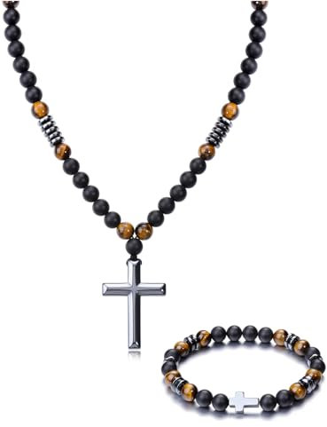 JSDDE Herren Perlenkette mit Armband Set Tigerauge Kette mit Kreuz Anhänger Natürliche Edelstein Heilsteine Kette Tigerauge Kreuz Armband Männer Kette Amulett Spirituelle Geschenk