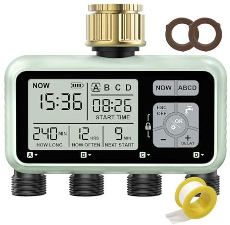 Temporizador de Riego de 4 Zonas con Entrada de Latón, Temporizador de Aspersor, Temporizadores Programables para Grifo de Manguera de Jardín Exterior con Retardo de Lluvia/Manual/Automático Sistema