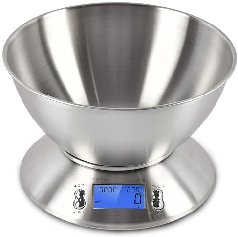 Retoo Küchenwaage mit Schüssel 1,8 L und LCD-Display, Wägebereich bis 5 kg, Präzision bis zu 1 g, Elektronische Kochwaage aus Edelstahl, Waage mit viele Maßeinheiten und viele Funktionen