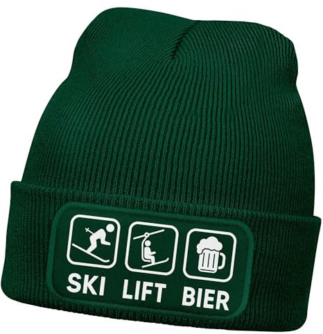 MoonWorks® Herren Beanie mit Patch Strickmütze mit Spruch Ski Lift Bier Icon Aufdruck Lustig Mütze Männer Dunkelgruen Unisize