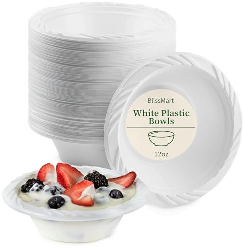 BLISSMART Reusable White Plastic Bowls 12oz 100 Pack Washable and Reusable Tableware Plastic Bowl for Dessert Heavy Duty Dinnerware for Parties, Camping, Birthday, Catering, BBQ