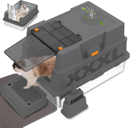 GOYJOY XXXL Katzenklo Edelstahl mit Deckel, XXXL geschlossene Metall-Katzentoilette für große Katzen, mehrere Katzen, mit Streuschaufel, Fußpedal und Katzentoilette, Geruchskontrolle, einfache