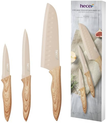 hecef Juego de Cuchillos Cocina 3 Piezas, Acero Inoxidable, Mango Efecto Madera – Cuchillo Santoku, Multiusos y Pelador, Profesionales, Ultra Afilados, Fáciles de Limpiar