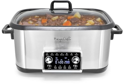 MegaChef Deluxe 12-in-1 8 Quart programmierbarer Multi-Kocher mit Sous-Vide, Multifunktions-Display, Temperatur und Zeit einstellbar, abnehmbarer Topf, Deckel aus gehärtetem Glas
