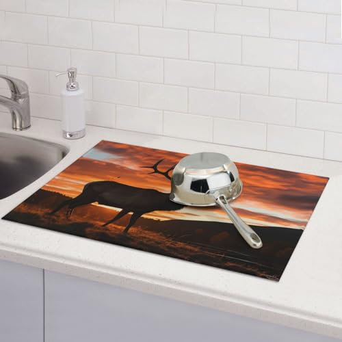 Red Deer Bull Elk Sunset Tapis de séchage en microfibre super absorbant à séchage rapide pour comptoir de cuisine Grand tapis de séchage pliable antidérapant 45,7 x 61 cm