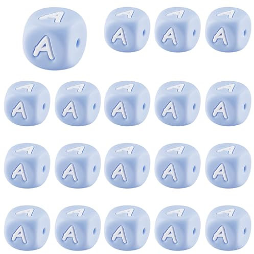 LEGENTLISUR Lot de 20 perles cubiques en silicone avec lettre de l'alphabet - 12 mm - Pour bracelets d'amitié, colliers, porte-clés, bijoux, projets de bricolage (lettre A)