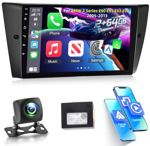 [2G+64G] Android Autoradio für BMW 3 Series 325i 328i 335i E90 E91 E92 E93 2005-2013 mit Kabelloses Carplay und Android Auto, 9 Zoll HD Touchscreen Autoradio mit GPS/WiFi/Bluetooth/EQ/FM RDS
