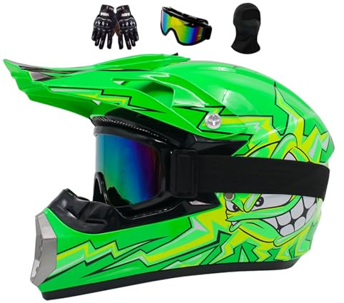 Downhill Motorradhelm Kinder, Jugendliche Motocross Helm Fullface MTB Integralhelm Herren Damen Motorrad Crosshelm, Ideal für Dirtbiken und Offroad-Aktivitäten, Mit Handschuhe Brille