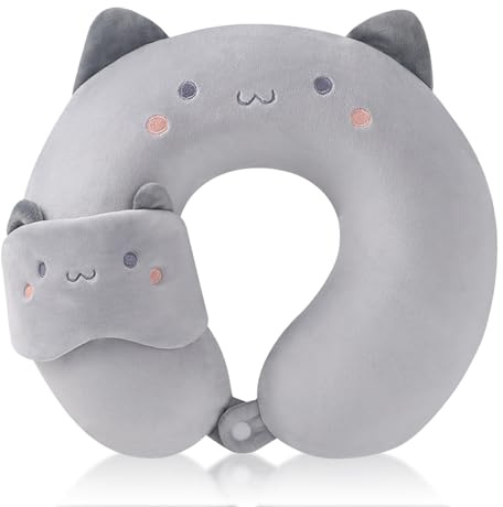 BEKKLPOU Oreiller en Forme De U De Dessin Animé, Coussin De Voyage Enfant, Livré avec Un Masque pour Les Yeux Et La Taie d'oreiller Est Amovible Et Lavable (Chat Gris)