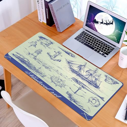 KDWJS Gaming Mauspad XXL 90x40cm Mousepad Groß Vernähte Kanten Anti-Rutsch für PC,Marineanker, Lenkrad eines Walsegelboots und Angelthema am Alten Leuc,Laptop Verbessert Präzision und Geschwindigkeit