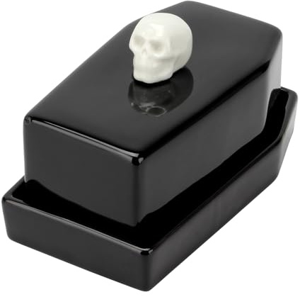 Kcgani 1 Pcs Ceramic Butter Dish with Lid Set, Black Gothic Skull Shape Butter Container Holds for Countertop, Ceramic Gothic Kitchen Utensils Butter Keeper for Table Decor Festivities Party Supplies