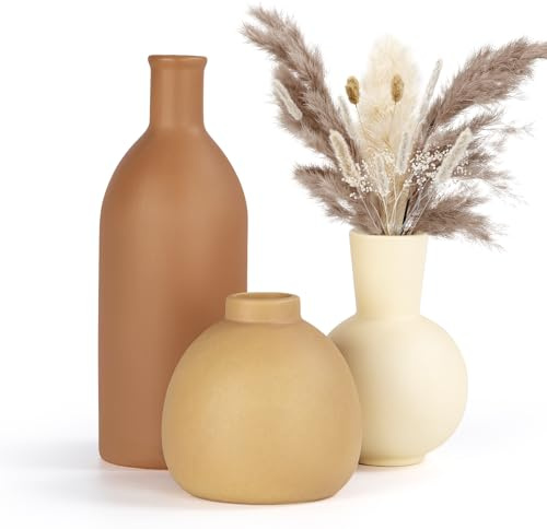 Aevcvok Keramik Vase 3er Set, Trockenblumen Deko Vasen Blumenvasen ästhetische Boho für Dekor runde Matte Vase Morandi-Farben für trockene Blumen Büchertisch, Tische, Wohnzimmer, Tischvasen Dekoration