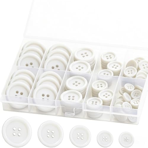 JYNXOR 160 Pièces Boutons Blanc, 4 Trous Boutons en Résine, Boutons de Chemise 4 Trous Ronds, 5 tailles différentes boutons à coudre ronds, pour la Couture, L'artisanat, le Décoration, d'Artisanat
