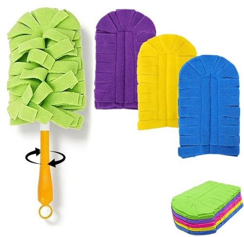360° Electrostatic Duster Refills Washable Reusable Duster Refills, Strong Electrostatic Adsorption Microfiber Dusting Pads,Fits Most Standard Handles for Home Office Car Surface (#Handle+3Refills)