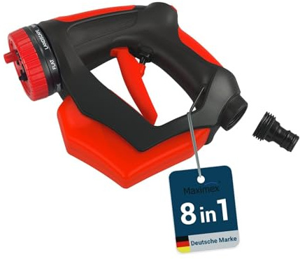 Maximex 8in1 Gartenbrause mit Seifenreservoir 200 ml, 8 Strahlarten, Gartenhelfer für Autowäsche, Reinigung, Pflanzenbewässerung, mit Dauerarretierung, Aufsatz für Gartenschlauch