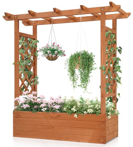 Bonnlo Wooden Planters with Trellis Attached For Garden,110x44x113cm | Raised Beds for Garden with Arch, Vertical trough planting container, For climbing vine plants