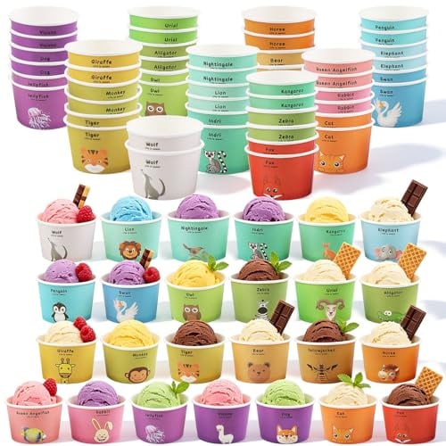Shyllin Materialien In Lebensmittelqualität Eis Becher Pappe, 50Pcs*aus Papier, mit 50 Löffeln, Papier Eisbecher, Süßes Muster, Party Becher für Eis, Frozen Yogurt, Suppe, Pastellstreifen(25zoo)