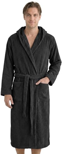 LAYNENBURG Bademantel Herren Frottee aus 100% Baumwolle - OEKO TEX Standard - weicher Morgenmantel waden-lang mit Kapuze, Bindegürtel und aufgesetzten Taschen - Ideal für Sauna & Zuhause (M-XXXL)