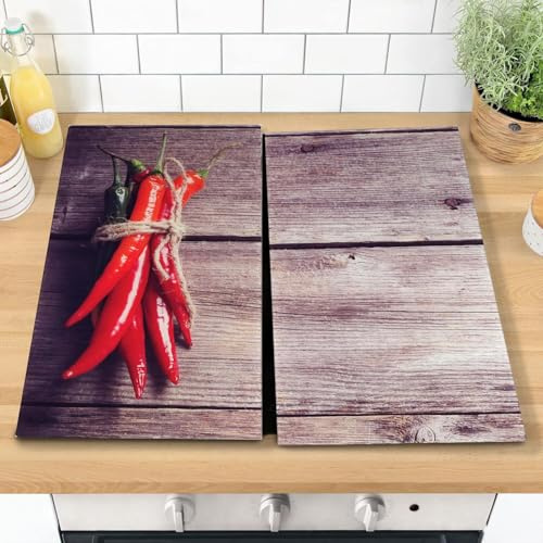 MTS Set of 2 Glass Chopping Boards - Chilli Peppers Design - Non-Slip Feet, Compatible with All Hob Types, Heat Resistant – Beautiful Hob Covers, Glass Worktop Savers for Kitchen