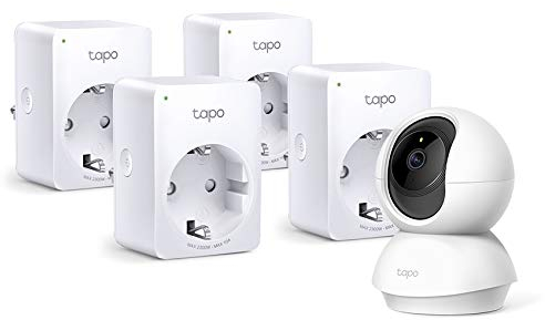 TP-Link Tapo C200 WLAN IP Kamera Überwachungskamera (Linsenschwenkung- und Neigung, 1080p-Auflösung, 2-Wege-Audio) Weiß + smarte WLAN Steckdose (4 pack) (Fernzugriff, Zeitpläne) weiß