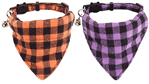 ADOGGYGO Halloween-Katzenhalsband, mit abnehmbarem Bandana, 2 Stück, verstellbar, Herbst-Thanksgiving, Katzenhalsband, orange/violett, kariert, für Kätzchen, Katzen (orange- und violettes Karomuster)