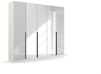 Rauch Möbel Modern by Quadra Spin Schrank Drehtürenschrank, Weiß-Glas Weiß, 5-TRG. mit Spiegel, inkl. 3 Kleiderstangen, 3 Einlegeböden, BxHxT 226x210x54 cm