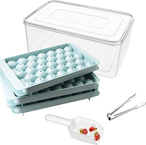 Mini Ice Cube Tray Balls, Round Ice Ball Maker Mould for Freezer,Sphere Ice Cube Tray 1.2in X 99PCS Circle Ice Chilling Cocktail Whiskey Tea Coffee (3Pack Blue Ice Trays&Ice Bin&Ice Tong)
