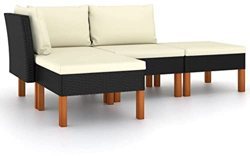 KOIECETA Gartenmöbel 4-TLG. mit Kissen Sofa Lounge Sitzgruppe Garten Garnitur Gartenset Ecksofa Mittelsofa Gartensofa Poly Rattan Schwarz