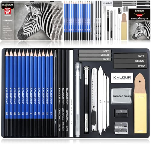 KALOUR PDAS 36-teiliges Zeichenset, Skizzier-Set, Profi-Kunst-Skizzenzubehör, inklusive Tutorial, Graphit, Anthrazit, für Künstler, Erwachsene, Teenager, Anfänger,ideal zum Schattieren