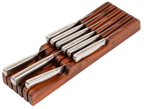 Porte-couteaux de cuisine en bois d'acacia – Peut contenir 5 couteaux longs + 6 couteaux courts (non inclus), s'adapte à la plupart des tailles de couteaux, pieds en caoutchouc, finition de qualité