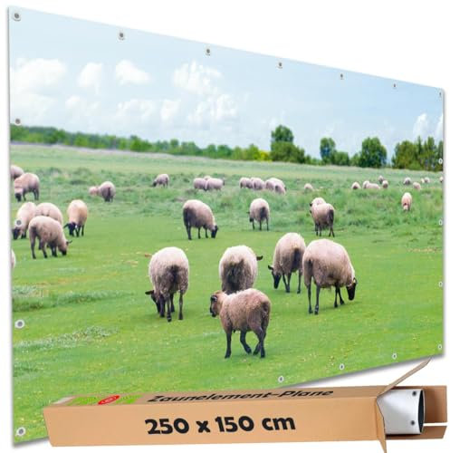 TRIOSK Sichtschutz Garten Deko Zaun Plane Blickdicht groß mit Zaunblende Motiv Schaf Herde Weide für Balkon Terrasse Zaunelement Doppelstabmatten Gartenzaun PVC 250x150 cm