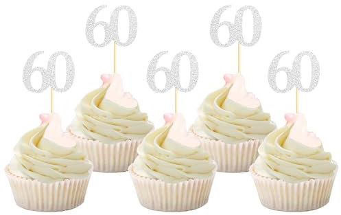 Sotpot 30 Pack Happy 60th Birthday Cupcake Toppers 60 Years Cupcake Decorations for 60th Birthday Anniversary Party Supplies Silver Glitter