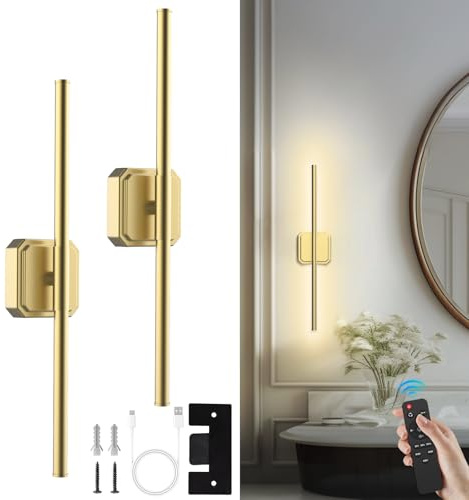 Rechargeable Wall Sconce Lights, Wireless USB Battery Operated Wall Lights 3 Color Temperature, 360°Rotation, Dimmable Wireless with Remote Control 70CM for Living Room, Bedroom Hallway（2 Pack Gold）