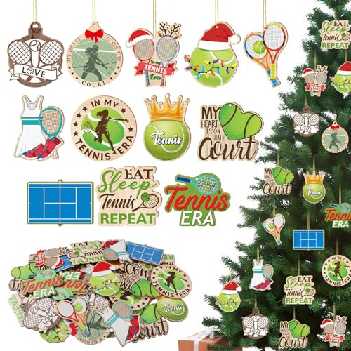 Chunful 36 Pcs 3.15 Christmas Tennis Ornaments Wooden Tennis Ornaments for Christmas Tree Bulk Sports Ball Hanging Decorations Sports Lover Gifts for Xmas Holiday Party