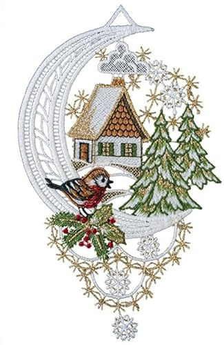 Fensterbild Fensterdeko Fensteranhänger mit Saugnapf aus Spitze Stickerei Herbst Weihnachten Motiv Winterhäuschen
