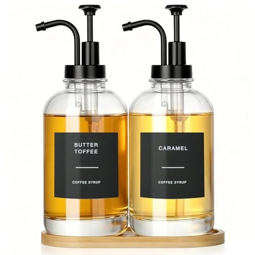 VINATO Lot de 2 Distributeurs d‘Huile et Vinaigre avec Plateau Bambou,500 ML Distributeur de Miel avec 36 Etiquettes et 1 Entonnoir,Bouteilles de Sirop en Verre pour Bar,Cuisine