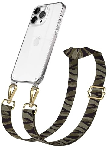 EAZY CASE Handykette - Verstellbares Taschenband kompatibel mit iPhone 14 Pro Max, Schulterriemen, Handykordel mit Silikon Hülle, Umhängetasche, Grün Camouflage Gold