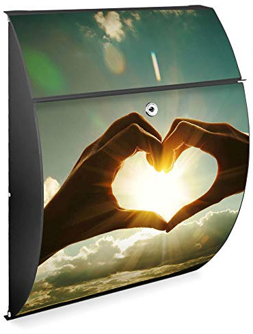 Burg Wächter Design Briefkasten | Modell Riviera 46cmx33,5cmx13cm groß | verzinkter Stahl anthrazit | Postkasten mit Öffnungsstopp großer A4 Einwurf Zylinderschloss 2 Schlüssel | Motiv Sonne im Herzen