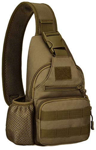Selighting Tactical Shoulder Bag Military Sling Backpack Crossbody Bag with USB Charging Port and Bottle Holder for Trekking Camping Hiking Travel, A - Brown.