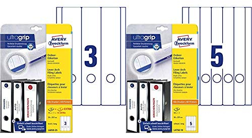 Avery Zweckform L6059-25 Ordnerrücken Etiketten, 30 Blatt, weiß & L4758-10 Ordnerrücken Etiketten (A4, 50 Rückenschilder, schmal/lang, selbstklebend, blickdicht, 38 x 297 mm)10 Blatt, weiß