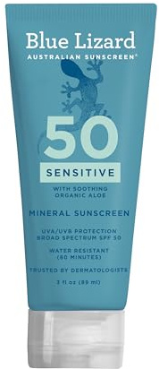 Blue Lizard SENSITIVE Mineral Sunscreen with Zinc Oxide, SPF 50+, Water Resistant, UVA/UVB Protection with Smart Cap Technology - Fragrance Free, 3 oz. Tube