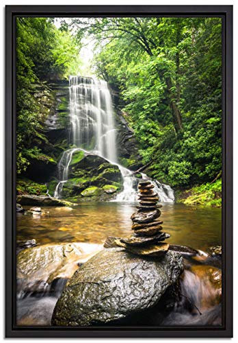 Pixxprint Zen Steine vor Wasserfall Leinwandbild 60x40 cm im Bilderahmen, Wandbild, Schattenfugenrahmen, Kein Poster