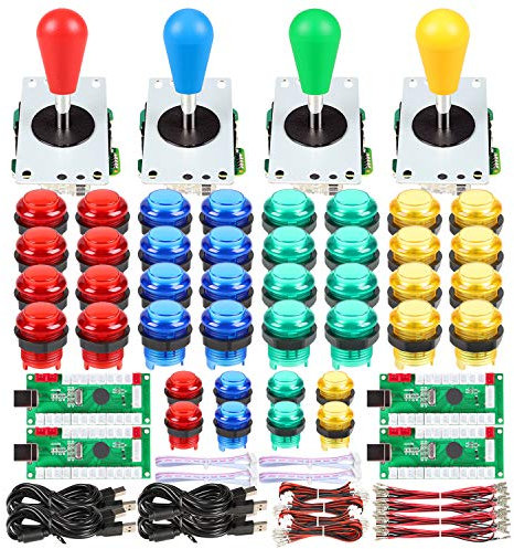 Fosiya 4 Player LED Arcade Kit Ellipse Oval Style Joystick USB Encoder to PC Games DIY Controllers Bat Joystick 4 Colors LED Arcade Buttons for All Windows PC MAME Raspberry Pi