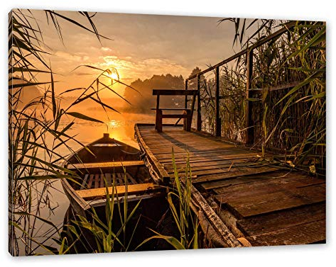 Pixxprint Bootssteg am See bei Sonnenuntergang, Größe: 100x70cm, Leinwandbild, fertig gespannt, Wandbild, Dekoration, Kunstdruck, kein Poster