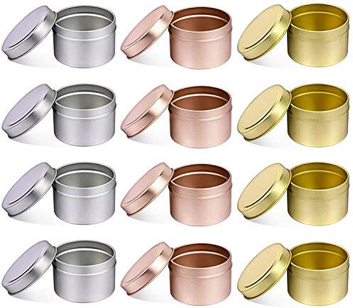 Kerze Behälter mit Deckel, 12 PCS 5 UNZEN Dekorative Runde Metall Kerze Dosen Groß, wiederverwendbare Kerze Gläser für DIY Kerze, Der, Kunst Handwerk Liefert (5OZ,4PCS Silver+4PCS Gold+4PCS RoseGold)