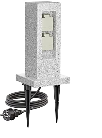 ledscom.de Garten-Steckdosen-Säule Pock mit Erdspieß und 2m Kabel für außen, 2-Fach, Stein-Optik, Kunstharz, eckig, 30cm