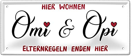 Hier wohnen Omi und Opi Blechschild - Metallschild für Oma & Opa - Retro Deko Schild für Großeltern - Dekoration Geschenkidee Enkelkinder Großmutter Großvater - Willkommen Schild - 28x12cm