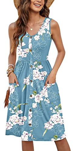 MOLERANI Lässige Sommerkleider mit Taschen für Damen, ärmelloses, geknöpftes, fließendes Skaterkleid mit Blumenmuster (Blumen, Hellblau, XL)